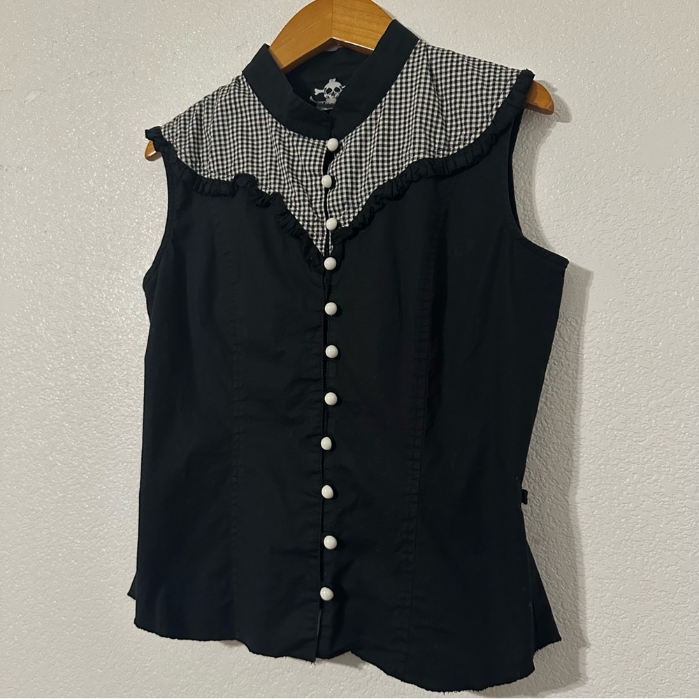 Vintage Lip Service Top Black Size S/M Grunge Gothic High Neck Checkered